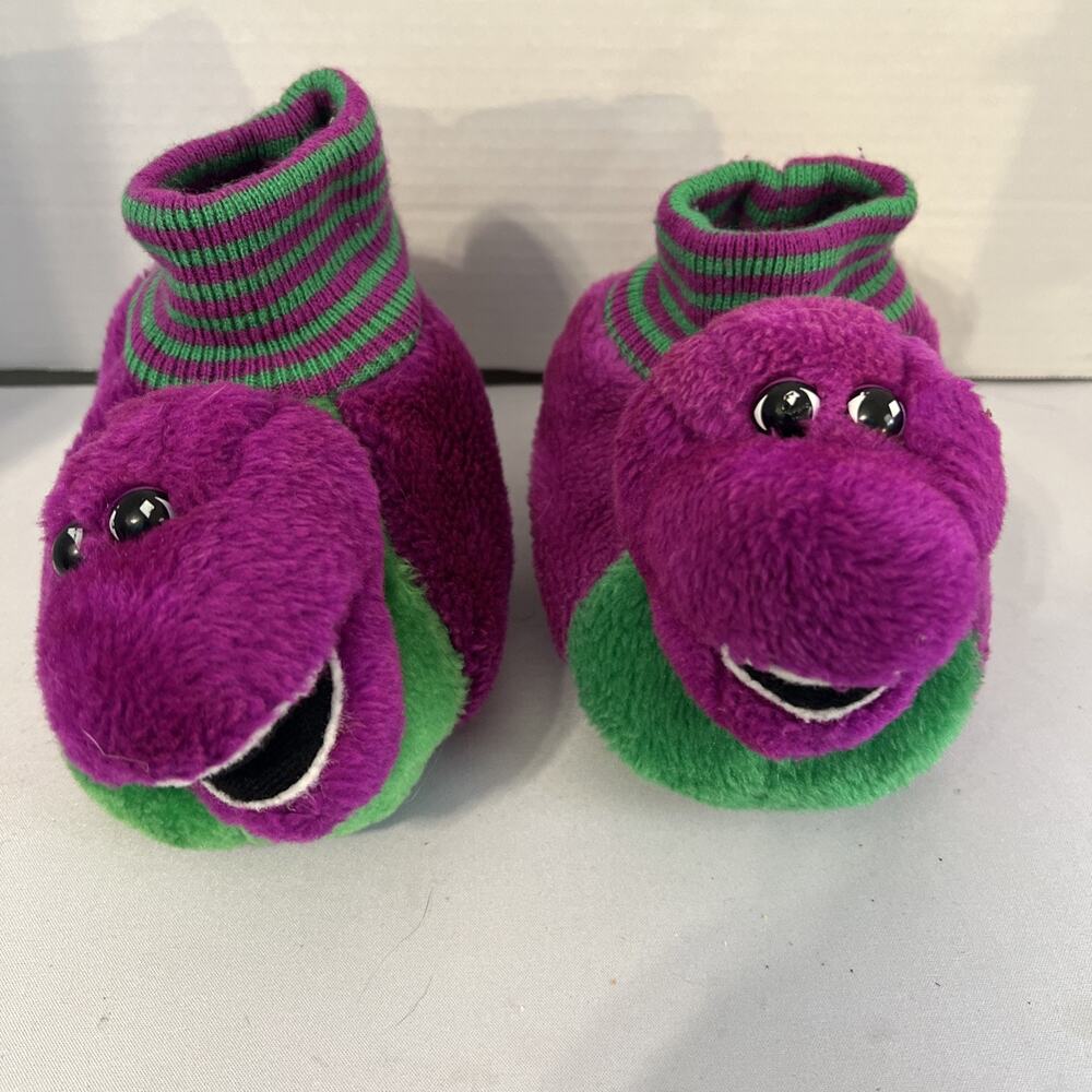 Vintage Barney Dinosaur Plush Slippers Purple Green Kids XL 11–12 1993